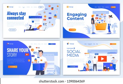 Set of Landing page design templates for Always stay connected, Engaging Content, Share your Story and Social Media. Easy to edit and customize. Modern Vector illustration concepts for websites