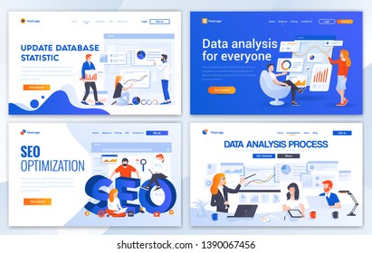 Set of Landing page design templates for Update database statistic, Data Analysis, Seo and Data Analysis process. Easy to edit and customize. Modern Vector illustration concepts for websites