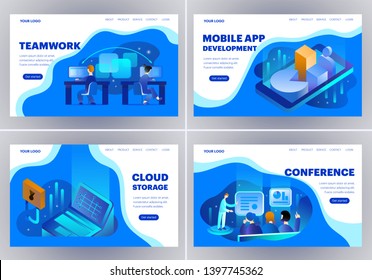 Set of Landing page design templates for Conference, Cloud Storage, Mobile app Development and Teamwork. Easy to edit and customize. Modern Vector illustration concepts for websites