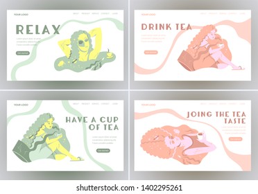 Set of Landing page design templates for relax, drink tea, have a cup of tea, join the tea taste. Easy to edit and customize. Modern Vector illustration concepts for websites in pastel colors