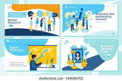 Set of Landing page design templates for SEO, Web Design, Ui Development and Digital Marketing. Business and partnership concept, success, hi-tech technology, signing documents. 
Vector illustration