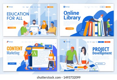 Set of Landing page design templates for Education, Online Library, Content Marketing and Project Development. Easy to edit and customize. Modern Vector illustration concepts for websites