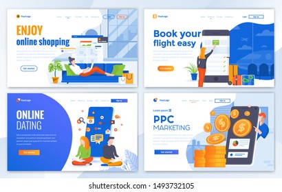 Set of Landing page design templates for Online Shopping, Book your flight, Online Dating and Pay Per Click. Easy to edit and customize. Modern Vector illustration concepts for websites