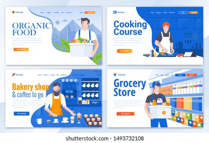 Set of Landing page design templates for Organic Food, Cooking Course, Bakery Store and Grocery Store. Easy to edit and customize. Modern Vector illustration concepts for websites