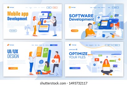 Set of Landing page design templates for Mobile app development, Software development, Ui Design and Optimize your files. Easy to edit and customize. Modern Vector illustration concepts for websites