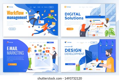 Set of Landing page design templates for Workflow management, Digital Solutions, Email Marketing and Design Development Easy to edit and customize. Modern Vector illustration concepts for websites