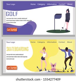 Set of Landing page design templates for golf and skateboarding. Easy to edit and customize. Modern Vector illustration concepts for websites.editable text
