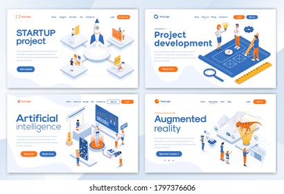 Set of Landing page design templates for Startup project, Project development, Artificial intelligence and Augmented reality. Easy to edit and customize. Modern Vector illustration concepts