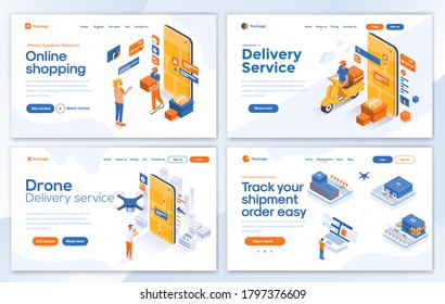 Set of Landing page design templates for Online Shopping, Delivery service, Drone delivery and Track your shipment. Easy to edit and customize. Modern Vector illustration concepts for websites