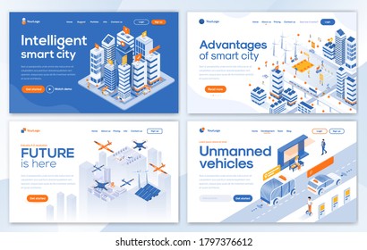 Set of Landing page design templates for Intelligent smart city, Advantages of smart city, Future is here and Unmanned vehicles. Easy to edit and customize. Modern Vector illustration concepts