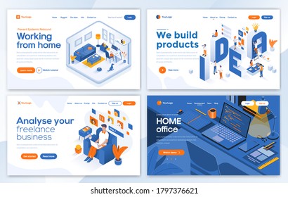 Set of Landing page design templates for Working from home, We build products, Freelance business and Home office. Easy to edit and customize. Modern Vector illustration concepts for websites