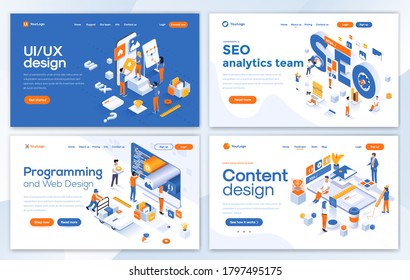 Set of Landing page design templates for SEO, Web Design, Ui Development and Content design. Easy to edit and customize. Modern Vector illustration concepts for websites