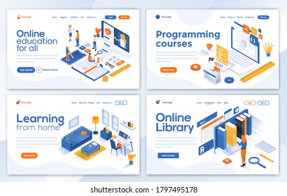 Set of Landing page design templates for Online Education, Programming course, Learning from home and Online library. Easy to edit and customize. Modern Vector illustration concepts for websites