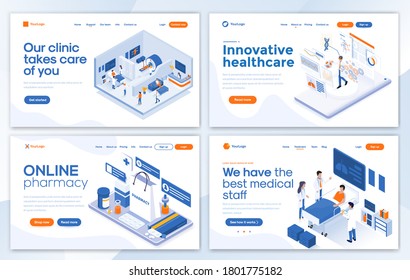 Set of Landing page design templates for Our clinic takes care of you, Innovative healthcare, Online Pharmacy and The best medical staff. Easy to edit and customize. Modern Vector illustration concept