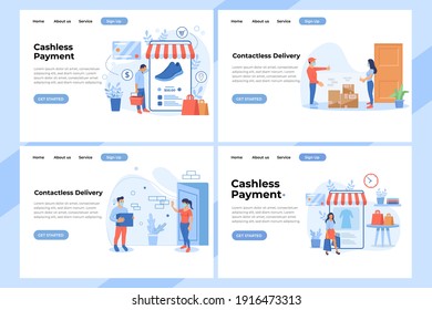 Set of Landing page design templates for Online Shopping, Delivery service, Drone delivery and Track your shipment. Easy to edit and customize. Modern Vector illustration concepts for websites