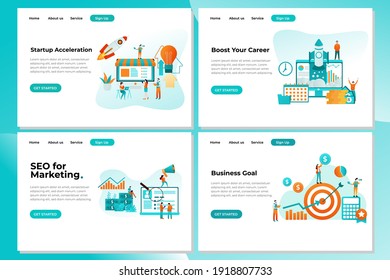 Set of Landing page design templates for Startup Acceleration, SEO Marketing, and Business Target. Easy to edit and customize. Modern Vector illustration concepts for websites