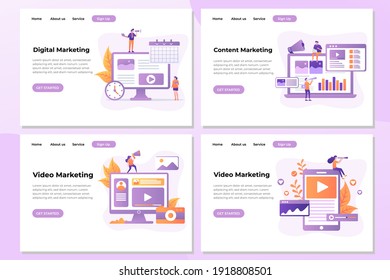 Set of Landing page design templates for Digital Marketing, Content Marketing, and Video Marketing. Easy to edit and customize. Modern Vector illustration concepts for websites