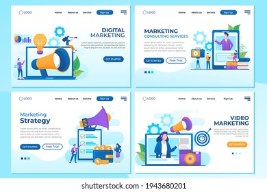 Set of Landing page design templates for Digital Marketing, Marketing Strategy, Marketing Consulting, and Video Marketing. Easy to edit and customize. Modern Vector illustration concepts for websites