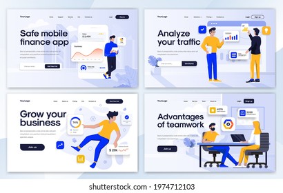 Set of Landing page design templates for Finance app, Analyze your traffic, Grow your business and Teamwork. Easy to edit and customize. Modern Vector illustration concepts