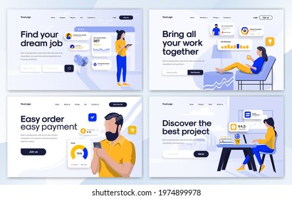 Set of Landing page design templates for Find job, Job Management, Online Banking and Project management. Easy to edit and customize. Modern Vector illustration concepts for websites