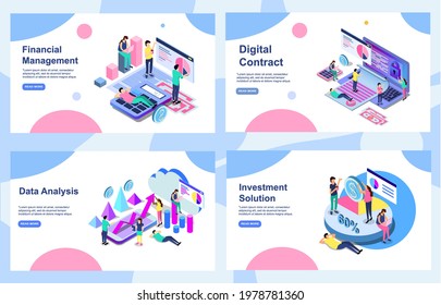 Set of Landing page design templates for Data Analysis, Digital Contract , Investment Solution and Financial Management. Easy to edit and customize. Modern Vector illustration concepts EPS