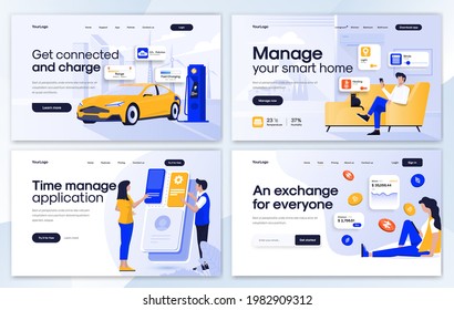 Set of Landing page design templates for Electric car charger, Smart home, Time management and Crypto trading. Easy to edit and customize. Modern Vector illustration concepts for websites