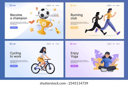 Set of Landing page design templates for Sports Cycling, Football, Training and Yoga. Easy to edit and customize. Modern 3D realistic Vector illustration concepts for websites