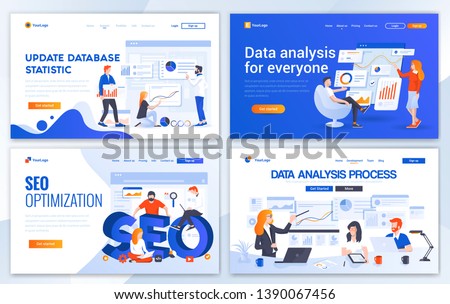 Set of Landing page design templates for Update database statistic, Data Analysis, Seo and Data Analysis process. Easy to edit and customize. Modern Vector illustration concepts for websites