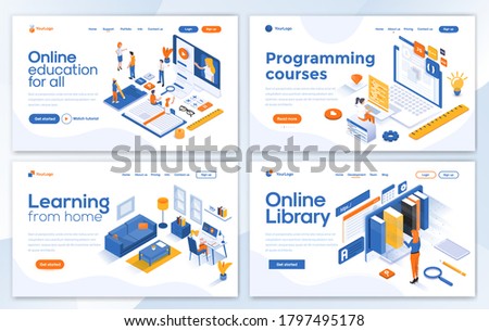Set of Landing page design templates for Online Education, Programming course, Learning from home and Online library. Easy to edit and customize. Modern Vector illustration concepts for websites