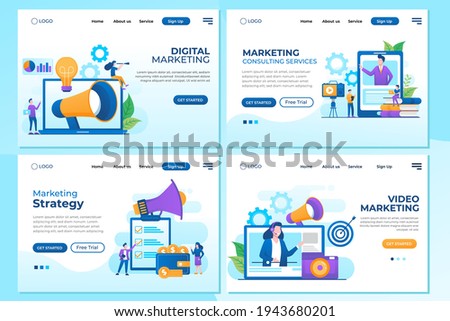 Set of Landing page design templates for Digital Marketing, Marketing Strategy, Marketing Consulting, and Video Marketing. Easy to edit and customize. Modern Vector illustration concepts for websites