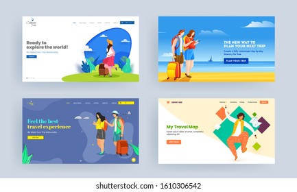 Set of Landing page design with tourism character on abstract background for Traveling Concept.