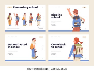 Set of landing page for elementary school online service providing motivational lesson for pupils