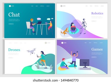 Set of landing page with Happy school children performing various activities or hobbies, playing games on computer or console, programming, launching drone, wearing VR headset