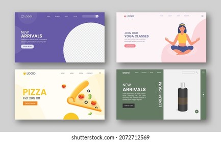 Set Of Landing Page Or Hero Image For Pizza, New Arrivals And Yoga Classes.