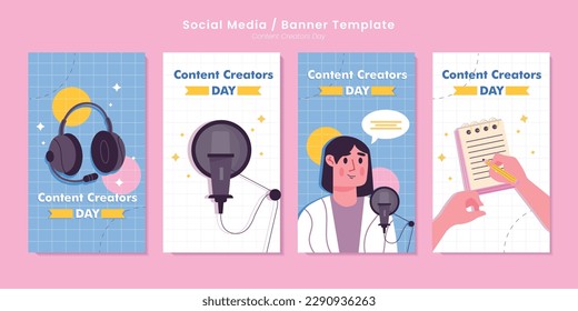 conjunto de la plantilla de icono de la página de inicio del Concepto de ilustración de creador de contenido. Concepto de mujer en el trabajo y diseño plano e isométrico del diseño de páginas web para el sitio web y el fondo rosa del sitio móvil.