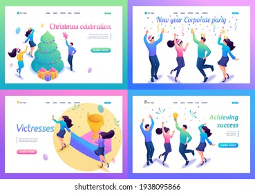 Set Landing Page Isometry. Templates. Team Celebrating a Success. Vector Illustration