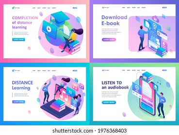 Set Landing Page Isometry. Templates. Online Learning. Vector Illustration.