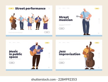 Set of landing page with musicians playing melody using different musical instrument. Professional classic, jazz, blues and rock artists giving live performance online. Art and entertainment concept