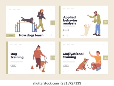 Set of landing page offering professional help in dog domestic animals training, walking and daycare