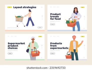 Set of landing page for online grocery shop, product supermarket, local farm food market store