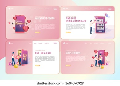 Set of landing page package with fall in love illustration, Landing page with Valentine's day theme
