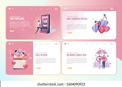 Set of landing page package with illustrations of people who find love,  Flat illustration people fall in love for Valentine's day greetings