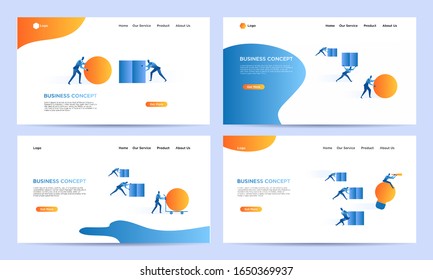 Set of landing page smart business work flat illustration. Businessman push ball and block