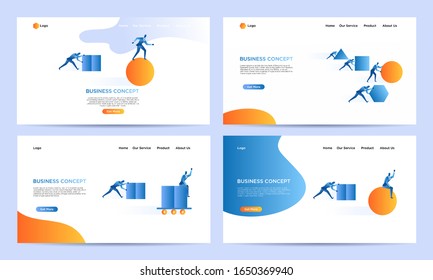 Set of landing page smart business work flat illustration. Businessman push ball and block