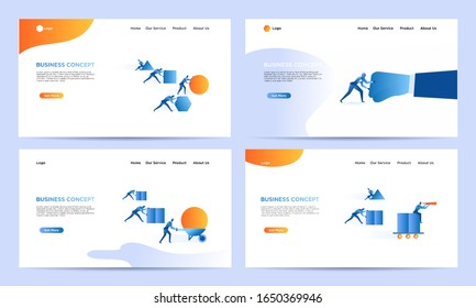 Set of landing page smart business work flat illustration. Businessman push ball and block