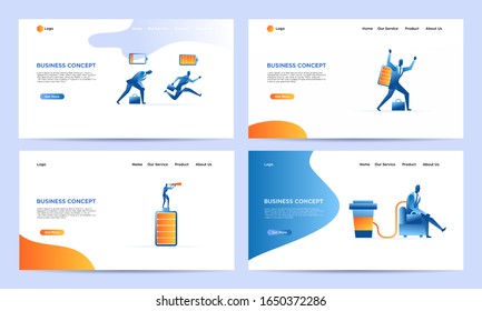 Set of landing page smart business work flat illustration. Businessman out of energy
