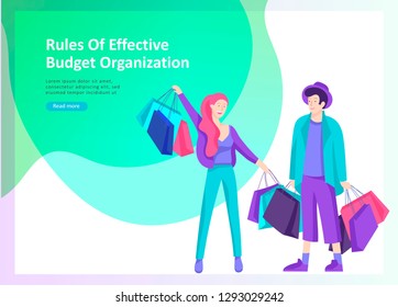 Set of Landing page template about effective house organization. People character couple men and woman efficiently organize plan a budget, more time for rest and yourself