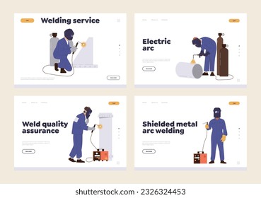 Set of landing page template advertising professional welding service of qualified welder worker