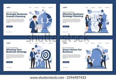 Set of Landing page template Business strategy concept achieve goal effective business planning innovation and teamwork discuss