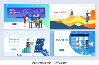 Set of landing page template for Data Analysis, Analytics, Business Statistic, Planning. Modern vector illustration flat concepts decorated people character for website and mobile website development.